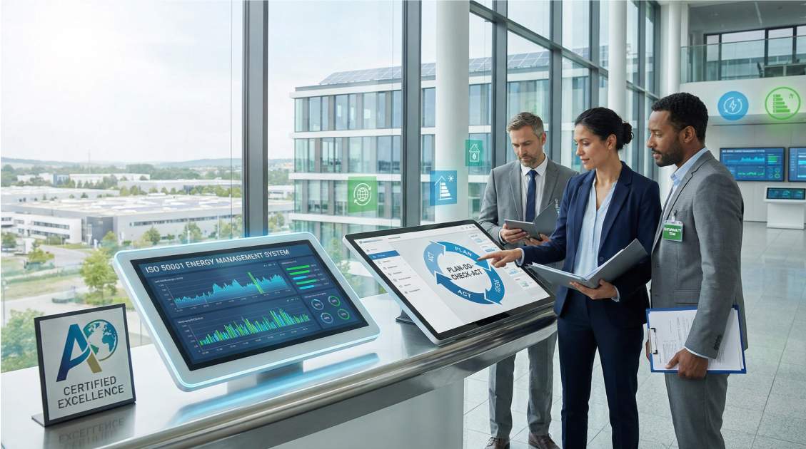 Energiemanager prüft ISO 50001 Zertifizierungsunterlagen mit PDCA-Zyklus-Diagramm